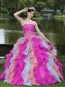 Cute Colorful Strapless Quinceanera Gown with Ruffles and Appliques