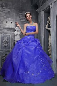 Strapless Appliqued Blue Perfect Quince Dresses in Taffeta and Organza