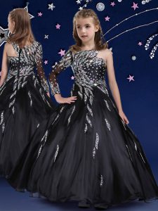 Glorious Black Zipper Little Girls Pageant Gowns Beading and Ruffles Sleeveless Floor Length