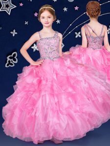 Charming Floor Length Zipper Little Girls Pageant Dress Rose Pink for Quinceanera and Wedding Party with Beading and Ruffles