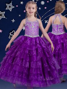Halter Top Floor Length Zipper Kids Pageant Dress Eggplant Purple for Quinceanera and Wedding Party with Beading and Ruffled Layers
