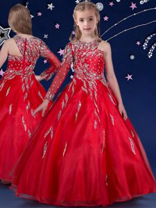 Red Ball Gowns Beading and Ruffles Child Pageant Dress Zipper Organza Sleeveless Floor Length