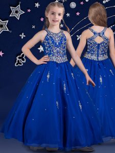 Scoop Floor Length Ball Gowns Sleeveless Royal Blue Little Girl Pageant Dress Zipper