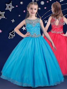 Scoop Baby Blue Sleeveless Beading Floor Length Little Girl Pageant Dress