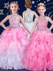 White and Pink And White Halter Top Neckline Beading and Ruffles Pageant Gowns For Girls Sleeveless Zipper