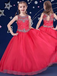 Enchanting Scoop Floor Length Red Little Girls Pageant Gowns Organza Sleeveless Beading