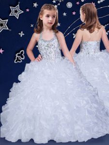 Halter Top Sleeveless Little Girl Pageant Gowns Floor Length Beading and Ruffles White Organza