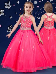 Admirable Hot Pink Organza Zipper Scoop Sleeveless Floor Length Little Girls Pageant Dress Wholesale Beading