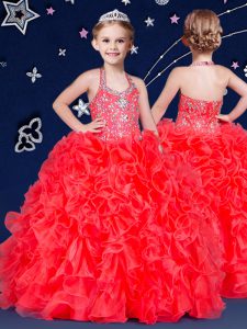 Custom Made Halter Top Sleeveless Zipper Little Girls Pageant Dress Wholesale Coral Red Organza