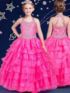 Ruffled Halter Top Sleeveless Zipper Little Girls Pageant Gowns Hot Pink Organza