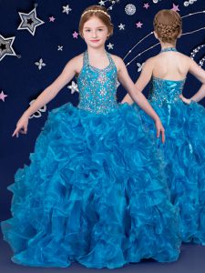 Latest Floor Length Blue Little Girl Pageant Dress Halter Top Sleeveless Lace Up