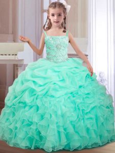 Cute Straps Pick Ups Apple Green Sleeveless Organza Lace Up Little Girls Pageant Gowns for Quinceanera and Wedding Party