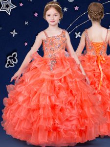 Attractive Organza Asymmetric Sleeveless Lace Up Beading and Ruffled Layers Little Girls Pageant Gowns in Orange