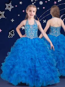 Customized Halter Top Floor Length Zipper Little Girl Pageant Gowns Baby Blue for Quinceanera and Wedding Party with Beading and Ruffles