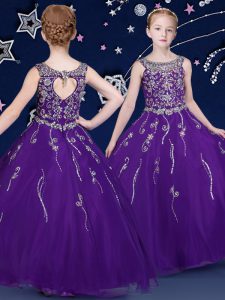 Purple Ball Gowns Scoop Sleeveless Organza Floor Length Lace Up Beading Little Girls Pageant Dress