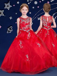 Red Scoop Zipper Beading and Appliques Little Girl Pageant Gowns Sleeveless