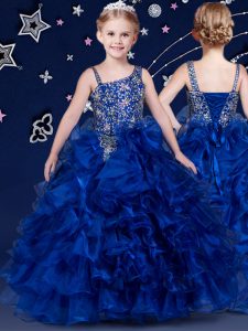 Royal Blue Lace Up Little Girl Pageant Gowns Beading and Ruffled Layers Sleeveless Floor Length