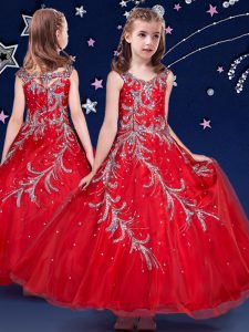 Scoop Red Sleeveless Ankle Length Beading and Appliques Zipper Pageant Gowns For Girls