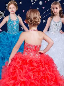 Simple Halter Top Sleeveless Floor Length Beading and Ruffles Lace Up Little Girl Pageant Gowns with White and Coral Red and Blue