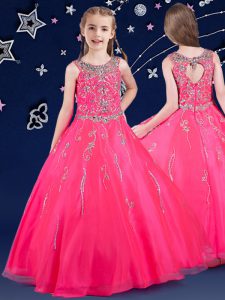 Hot Pink A-line Scoop Sleeveless Organza Floor Length Zipper Beading Little Girl Pageant Gowns