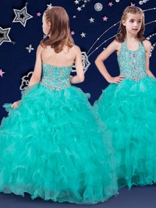 Enchanting Organza Halter Top Sleeveless Zipper Beading and Ruffles Kids Formal Wear in Turquoise
