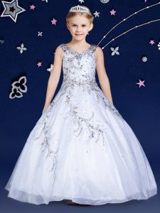 Scoop Floor Length Zipper Little Girl Pageant Dress White for Quinceanera and Wedding Party with Beading
