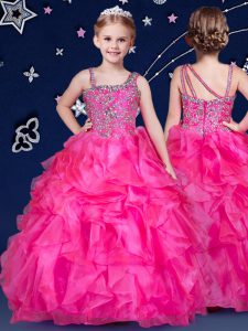 Floor Length Hot Pink Little Girl Pageant Gowns Organza Sleeveless Beading and Ruffles