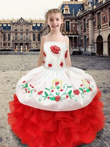 Ball Gowns Little Girl Pageant Dress White and Red Spaghetti Straps Organza and Taffeta Sleeveless Floor Length Lace Up