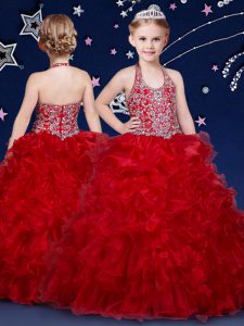 Halter Top Wine Red Sleeveless Beading and Ruffles Floor Length Pageant Gowns For Girls