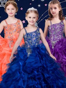 Top Selling Royal Blue and Purple and Orange Organza Lace Up Kids Formal Wear Sleeveless Beading and Ruffles