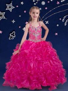 Discount Fuchsia Organza Lace Up Halter Top Sleeveless Floor Length Little Girl Pageant Gowns Beading and Ruffles