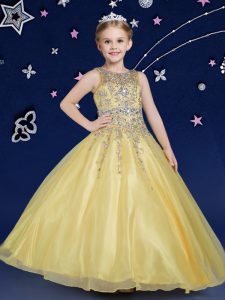 Scoop Beading Child Pageant Dress Gold Zipper Sleeveless Floor Length