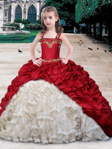 Straps Sleeveless Organza and Taffeta Floor Length Lace Up Child Pageant Dress in White and Wine Red with Beading and Appliques and Ruffles and Pick Ups