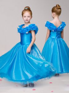 Superior Ball Gowns Little Girls Pageant Gowns Blue Off The Shoulder Tulle Cap Sleeves Ankle Length Zipper