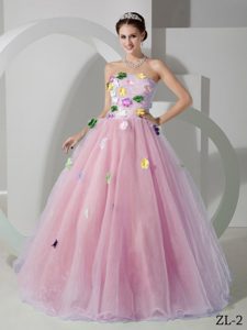 Rose Pink Princess Strapless Floor-length Quinceanera Dress with Colorful Appliques