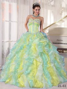 Amazing Multi-colored Sweetheart Organza Sweet 15 Dress with Ruffles and Appliques