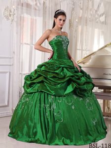Dark Green Strapless Taffeta Quinceanera Gown Dress with Embroidery and Pick-ups