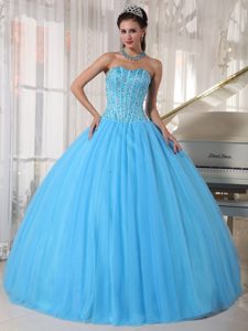Sky Blue Sweetheart Ball Gown Tulle Quinceanera Dresses with Beading on Promotion