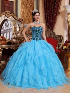 Embroidered Sweetheart Aqua Blue Organza Quinceanera Dress with Beading on Sale