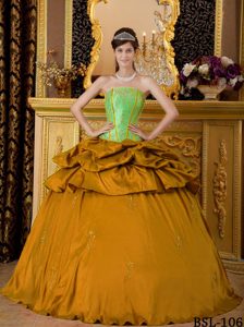 Green and Orange Strapless Ball Gown Appliqued Quinceanera Dresses with Pick-ups