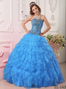 Sweetheart Organza Aqua Blue Ball Gown Quinceanera Dress with Beading and Ruffles
