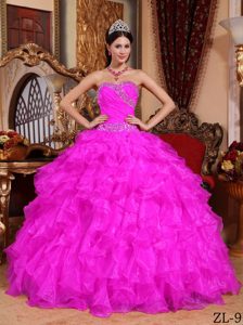 Hot Pink Sweetheart Ball Gown Organza Quinceanera Dress with Beading and Ruffles