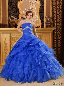 New Sky Blue Ruched Strapless Organza Quinceanera Dress with Ruffles and Appliques