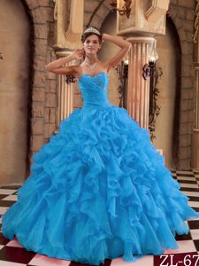 Ruched Sweetheart Aqua Blue Organza Quinceanera Dresses with Ruffles and Beading