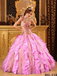 Multi-colored Flounced One-shoulder Ruffled Quinceanera Dress with Beading on Sale