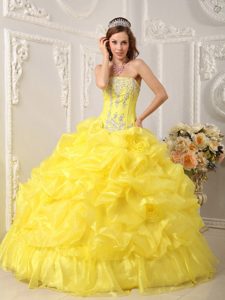Bright Yellow Strapless Organza Quinceanera Gown Dress with Ruffles and Appliques