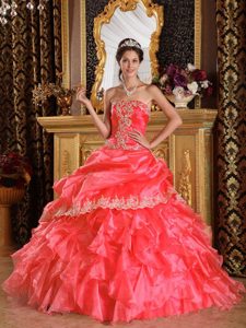 Watermelon Strapless Ruffled Organza Quinceanera Dress with Appliques and Pick-ups
