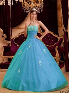 Brand New Aqua Blue Strapless Princess Organza Quinceanera Dresses with Appliques