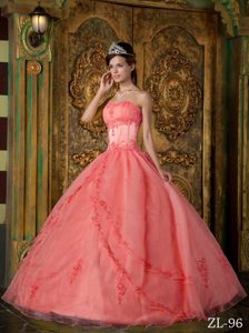 Modest Watermelon Strapless Organza Quinceanera Dress with Appliques in Fashion