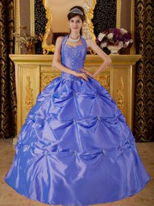 New Purple Halter Taffeta Ball Gown Quinceanera Dress with Pick-ups and Appliques